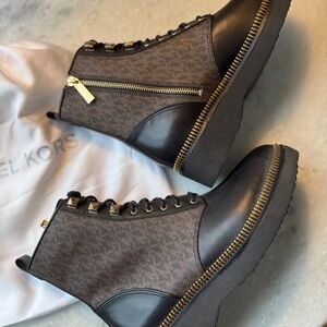 Michael Kors Black and Brown Combat Boots with Gold Accents